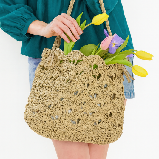 Sand Dune Satchel Crochet Pattern PDF, Shell Stitch Raffia Tote Bag
