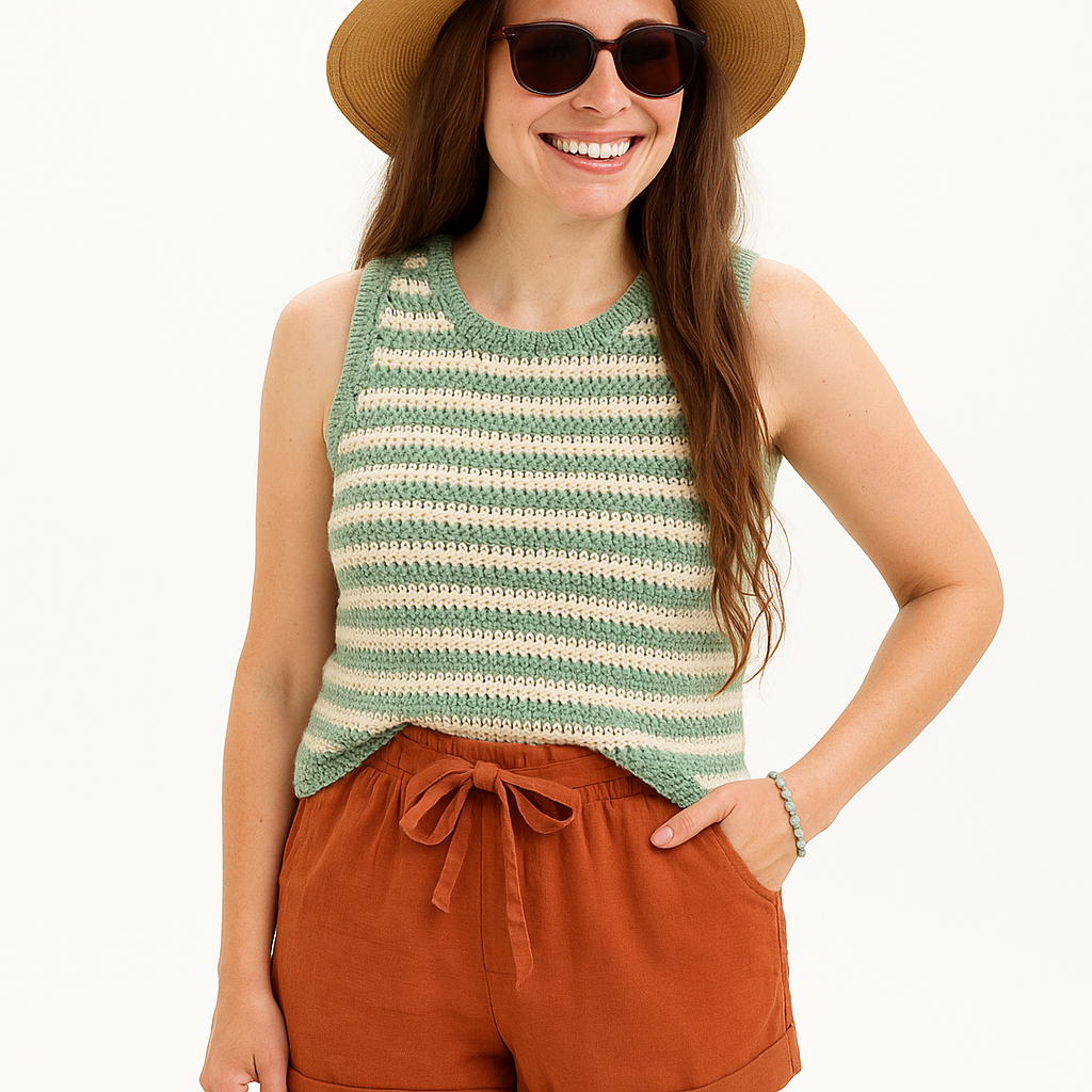 Woman wearing a green and white striped sleeveless top and brown shorts on a white background